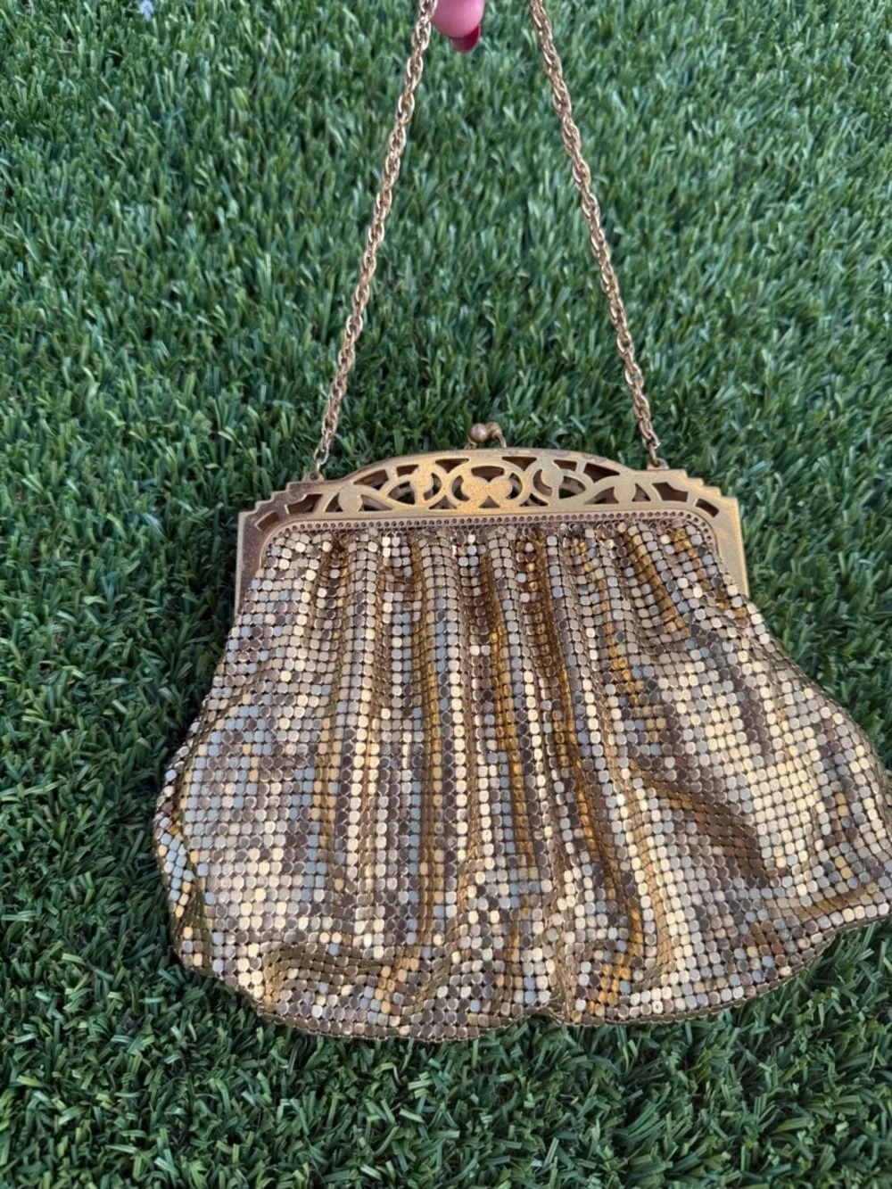 VTG 1940s Whiting Davis Gold Mesh Flapper Bag Purse Brass Pierced Frame USA NICE
